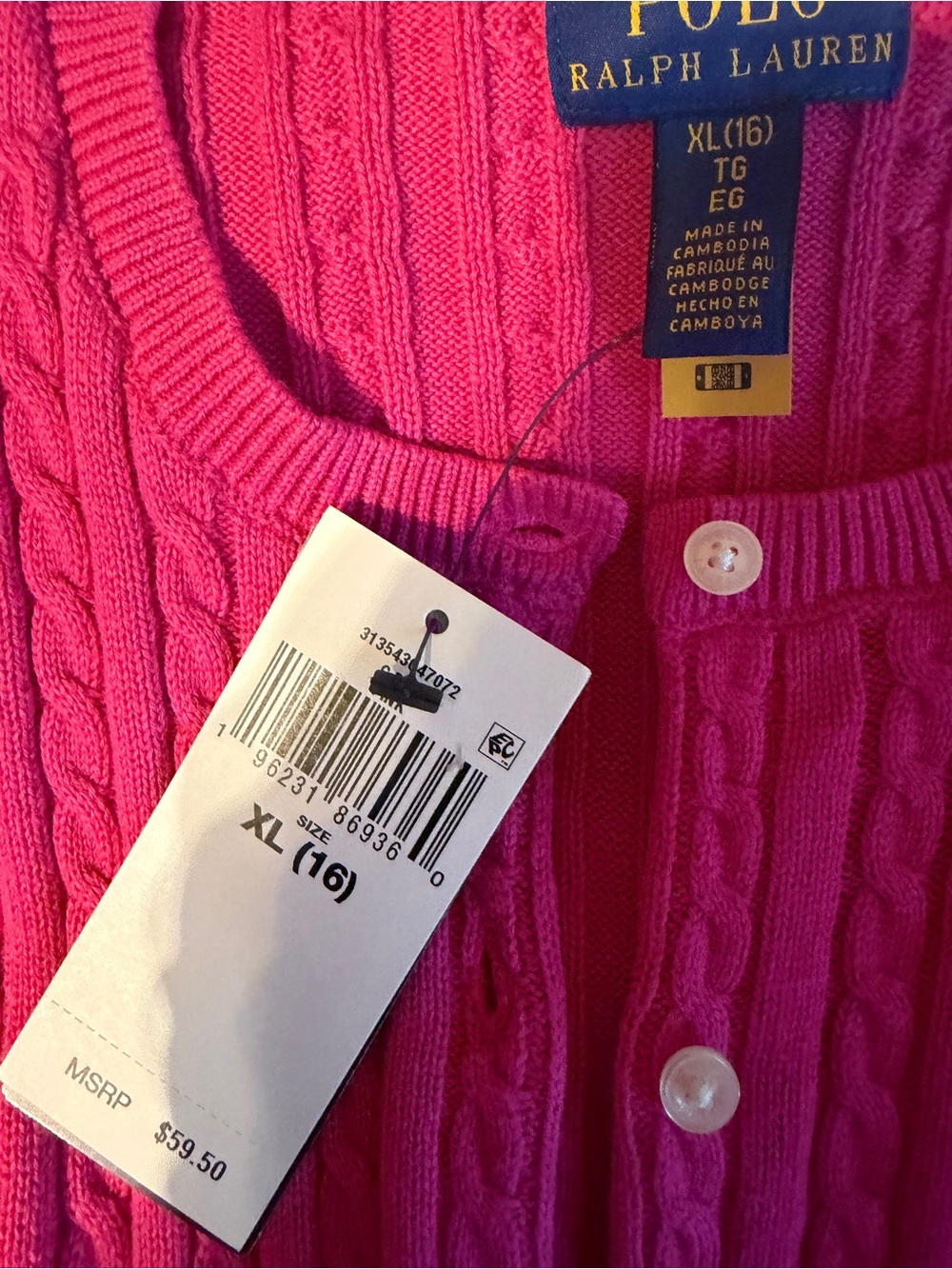 Polo by Ralph Lauren Bright Pink Cable-Knit Button Cardigan